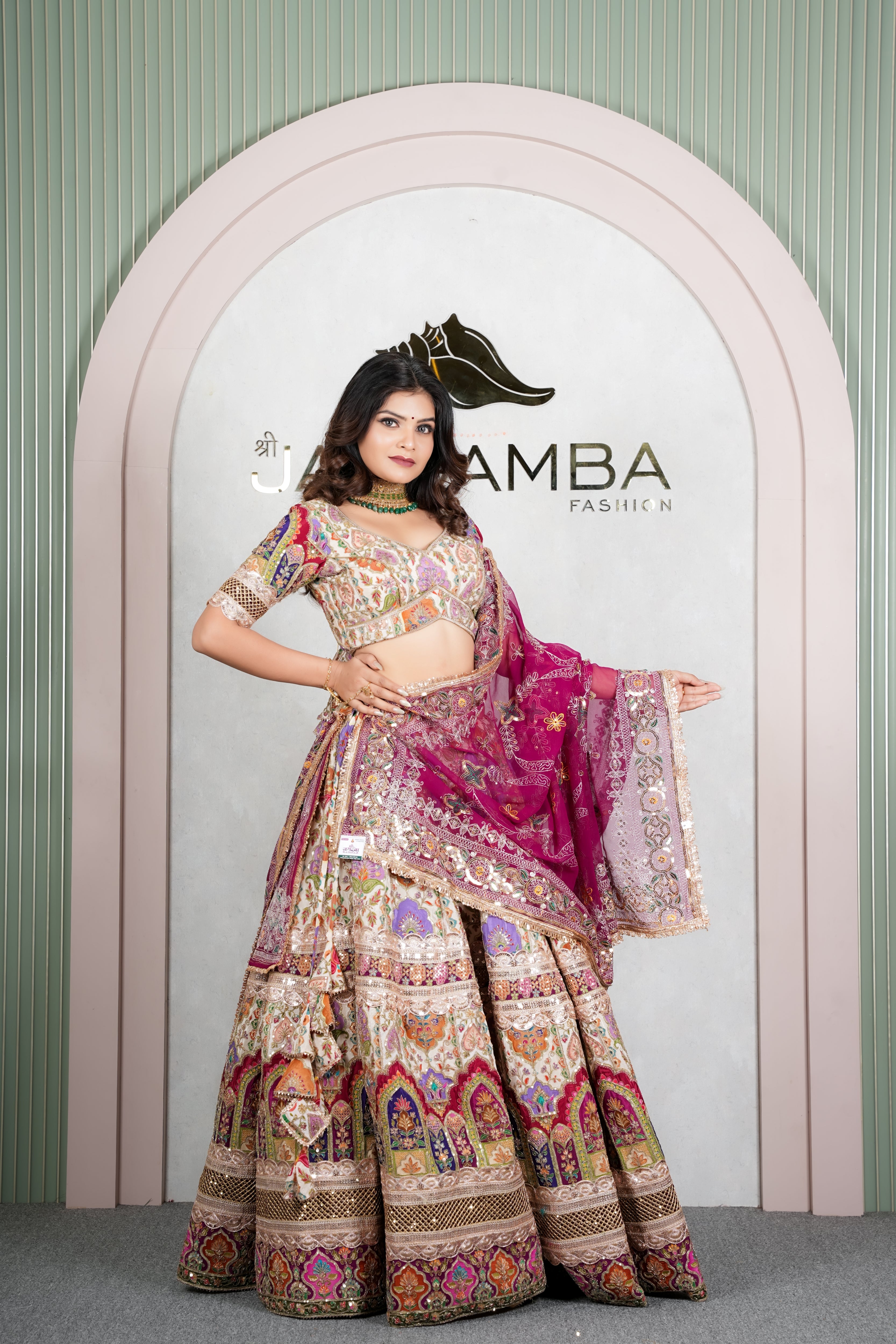 Rajasthani Ivory Floral Lehenga Odhani with Rani Pink Embroidered Dupatta
