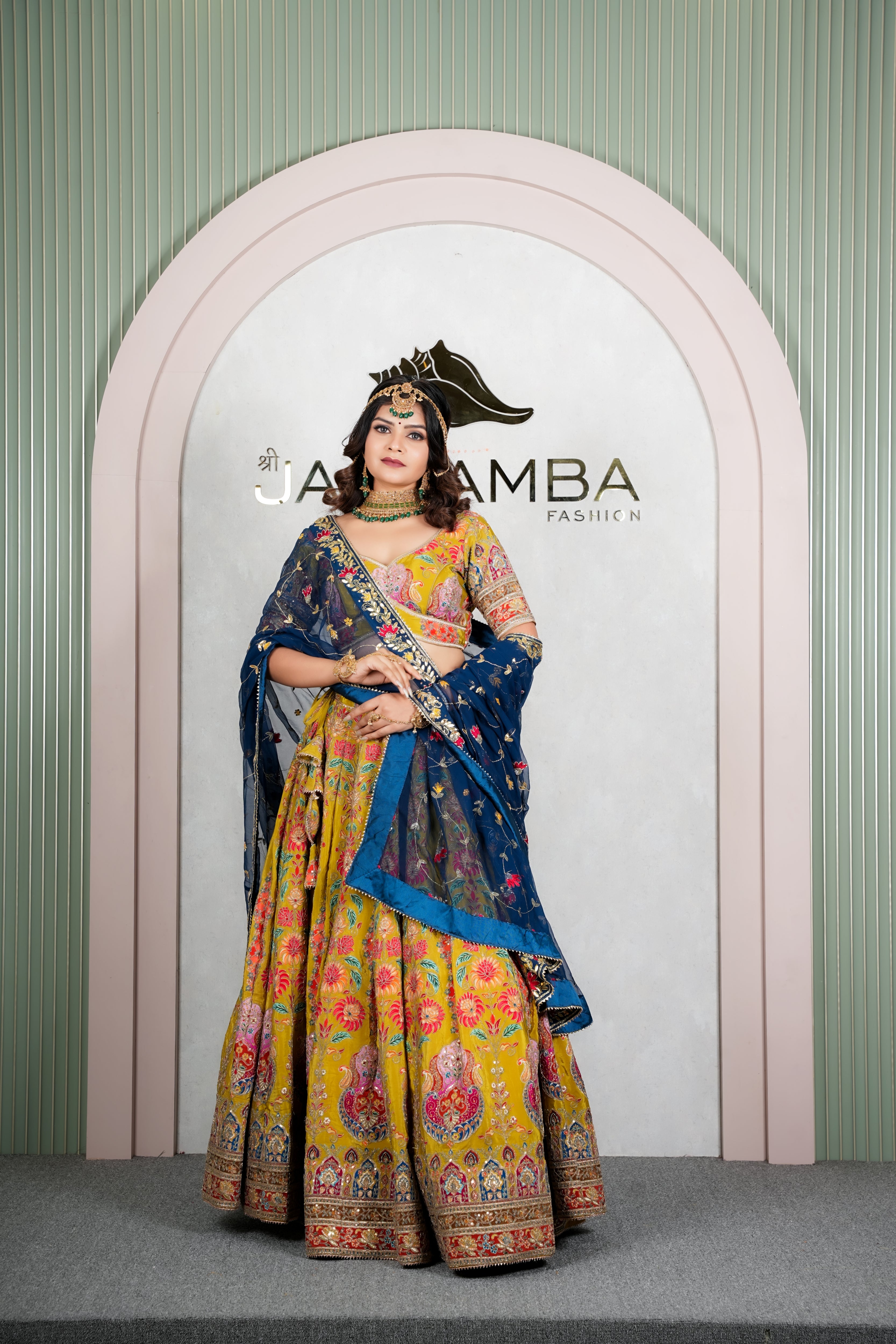 Rajwadi Yellow Floral Lehenga Odhani with Blue Embroidered Dupatta