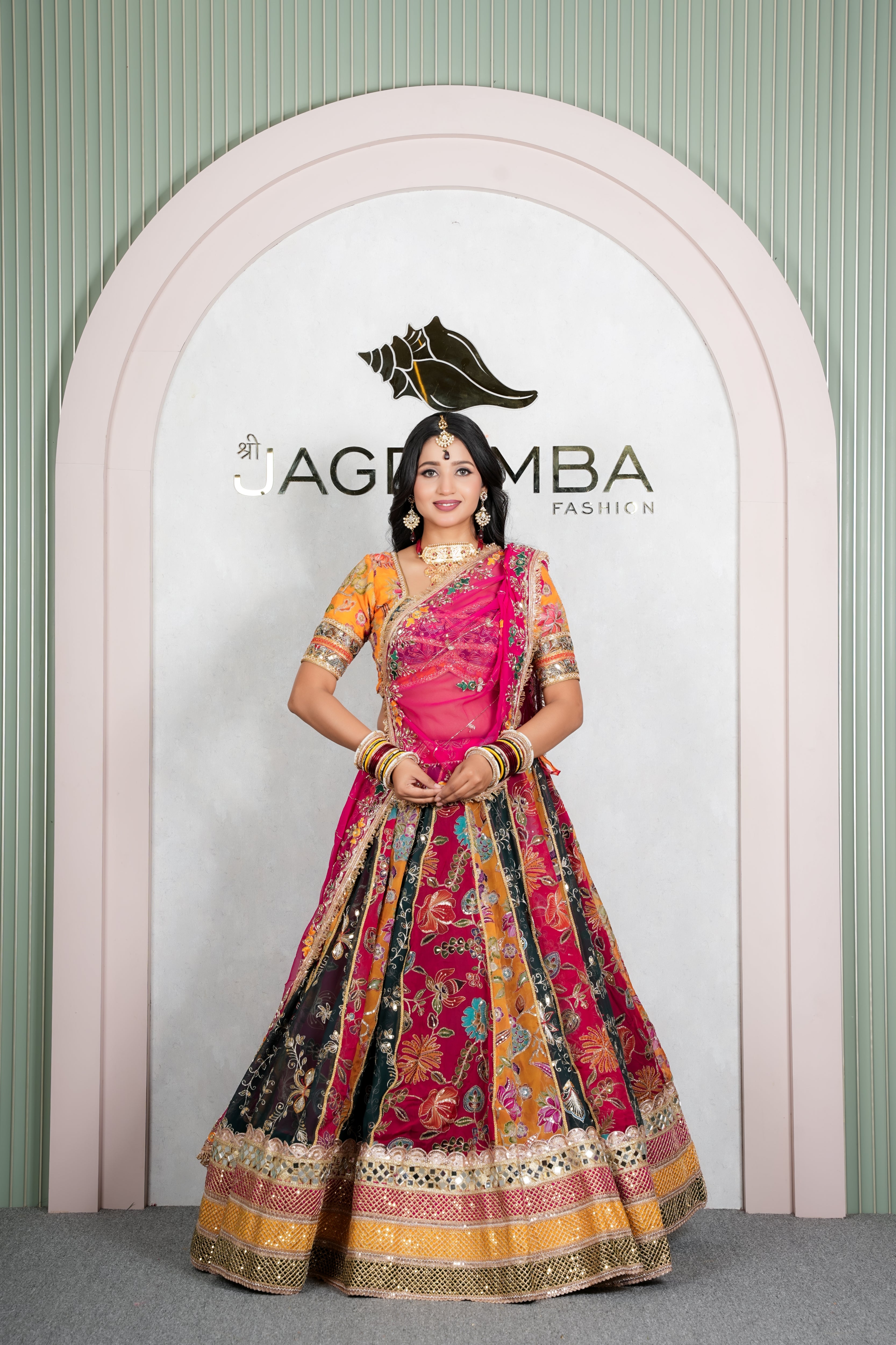 Rajasthani Mustard Floral Lehenga Odhani with Rani Pink Embroidered Dupatta