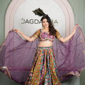 Rajasthani Multicolor Printed Lehenga with Purple Embroidered Dupatta