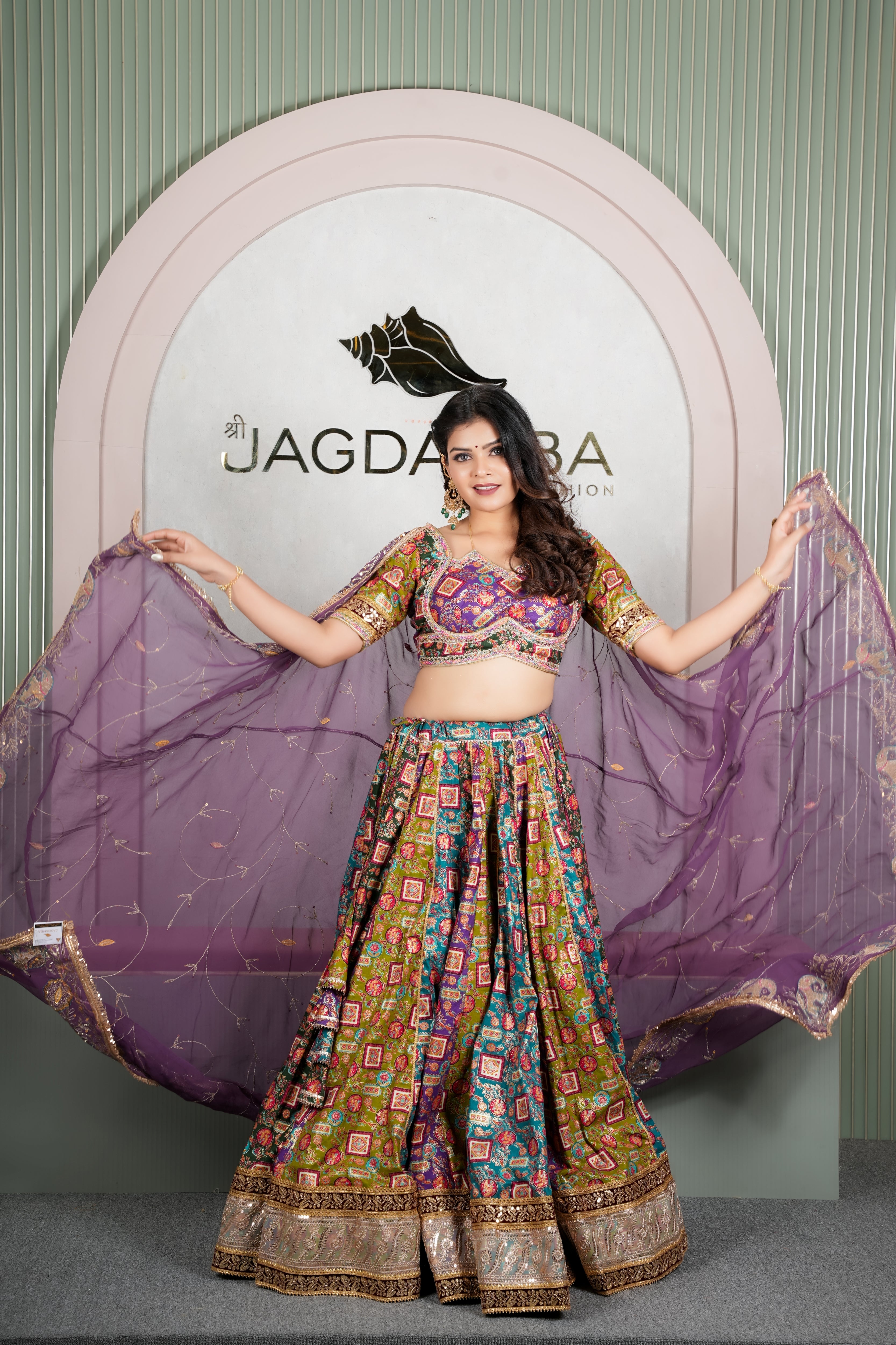 Rajasthani Multicolor Printed Lehenga with Purple Embroidered Dupatta