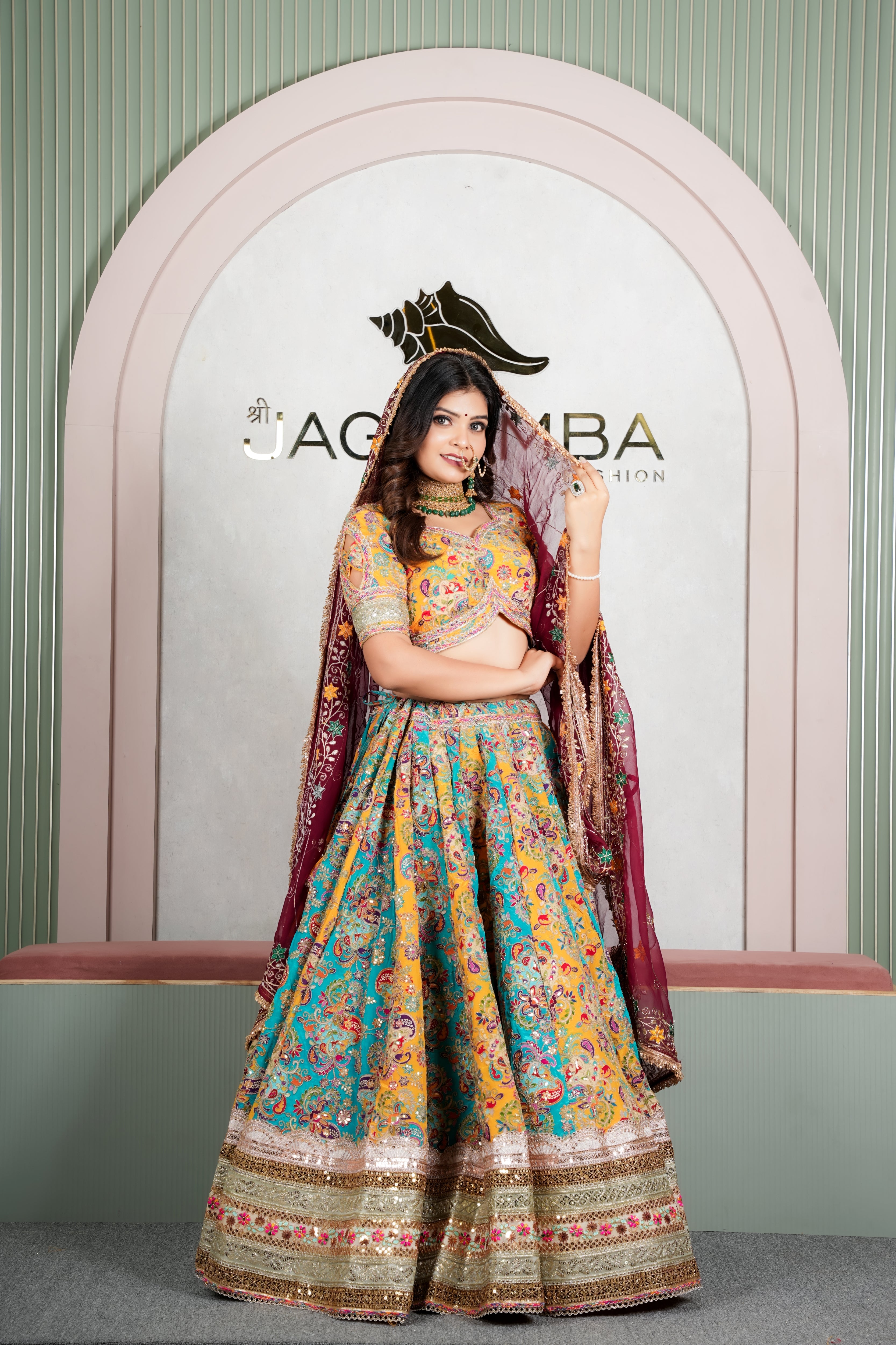 Rajasthani Multicolour Lehenga Odhani with Wine Embroidered Dupatta