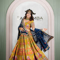 Rajwadi Yellow Floral Lehenga Odhani with Blue Embroidered Dupatta