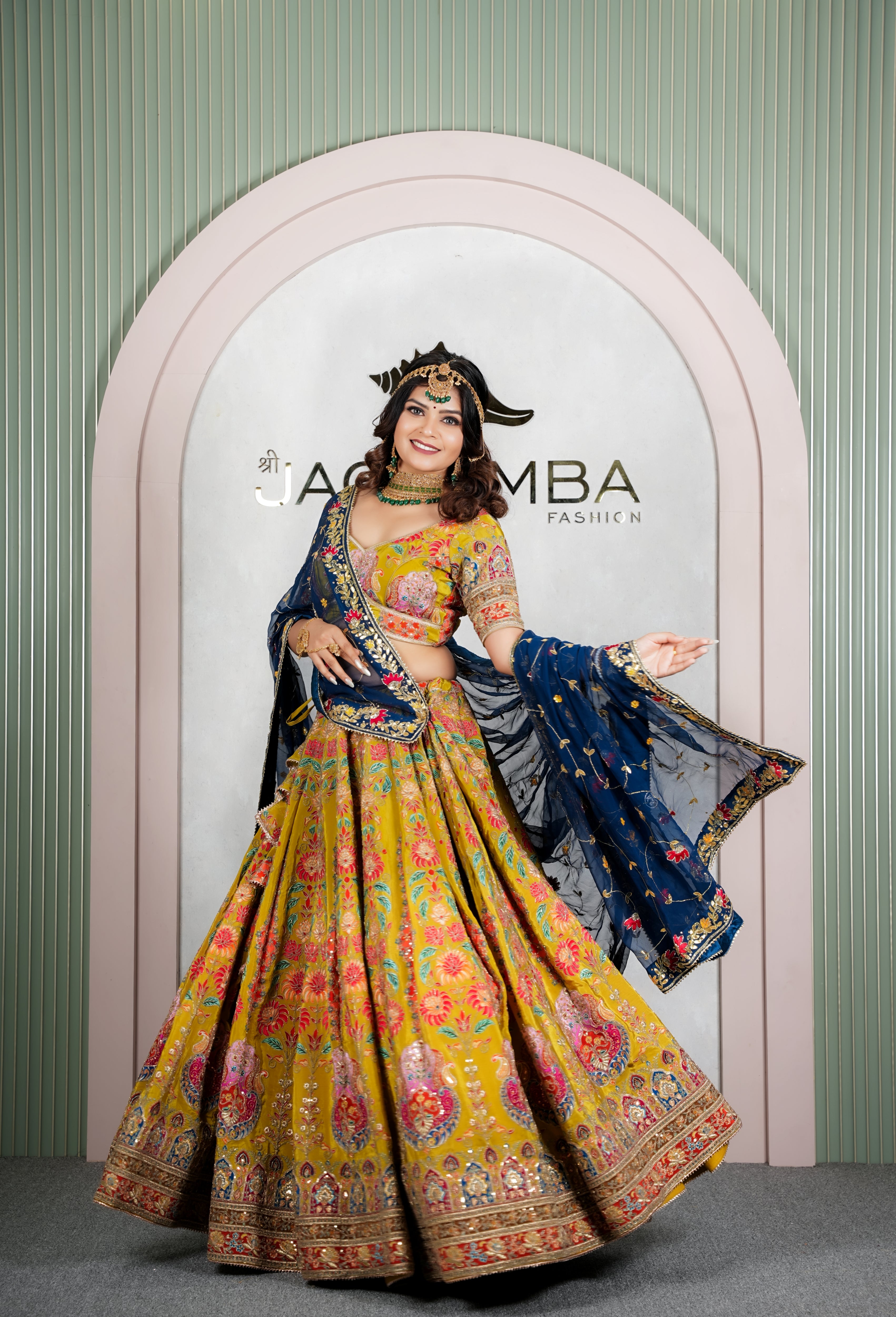 Rajwadi Yellow Floral Lehenga Odhani with Blue Embroidered Dupatta