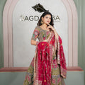Rajasthani Olive Green Floral Lehenga with Cherry Red Odhani