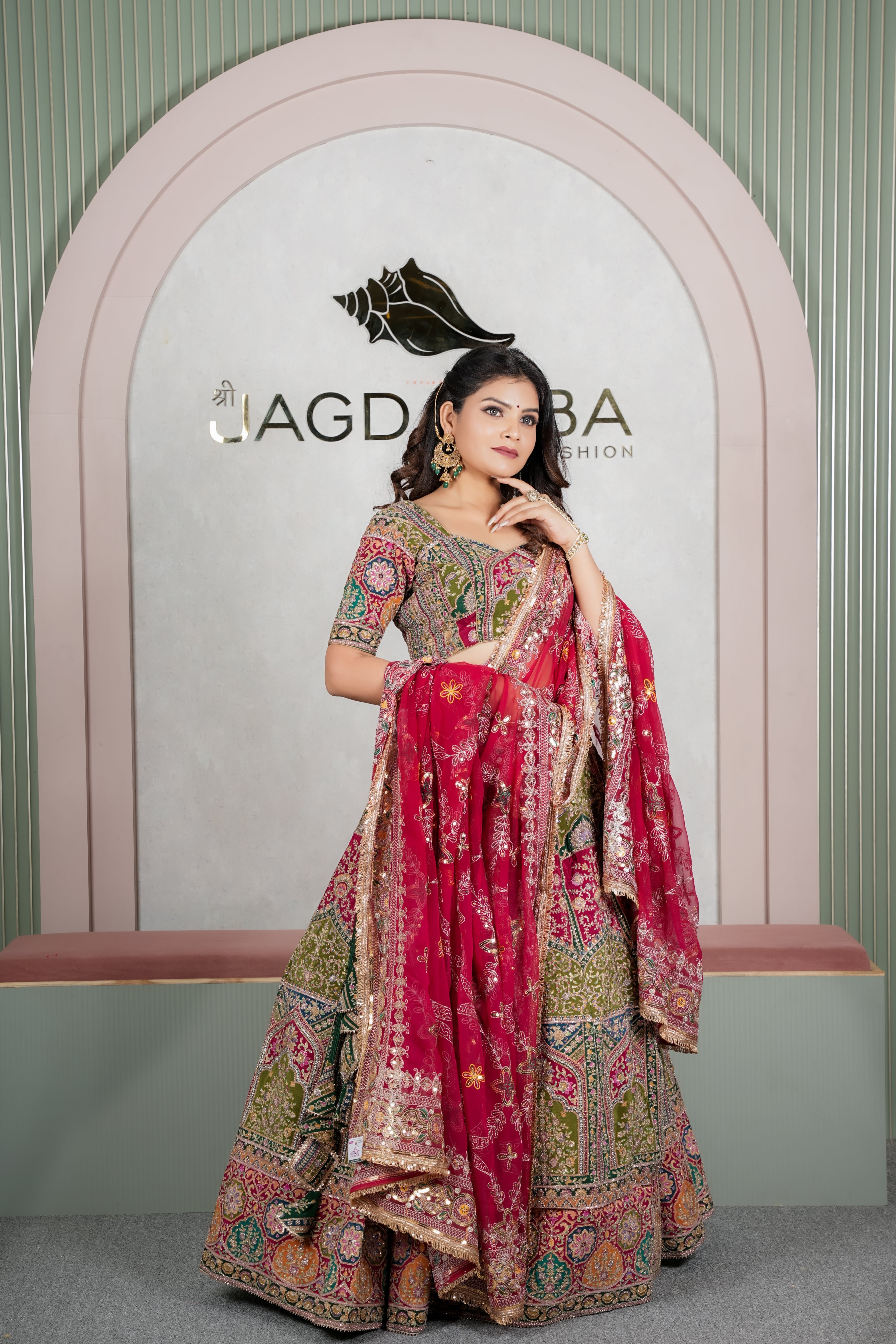 Rajasthani Olive Green Floral Lehenga with Cherry Red Odhani