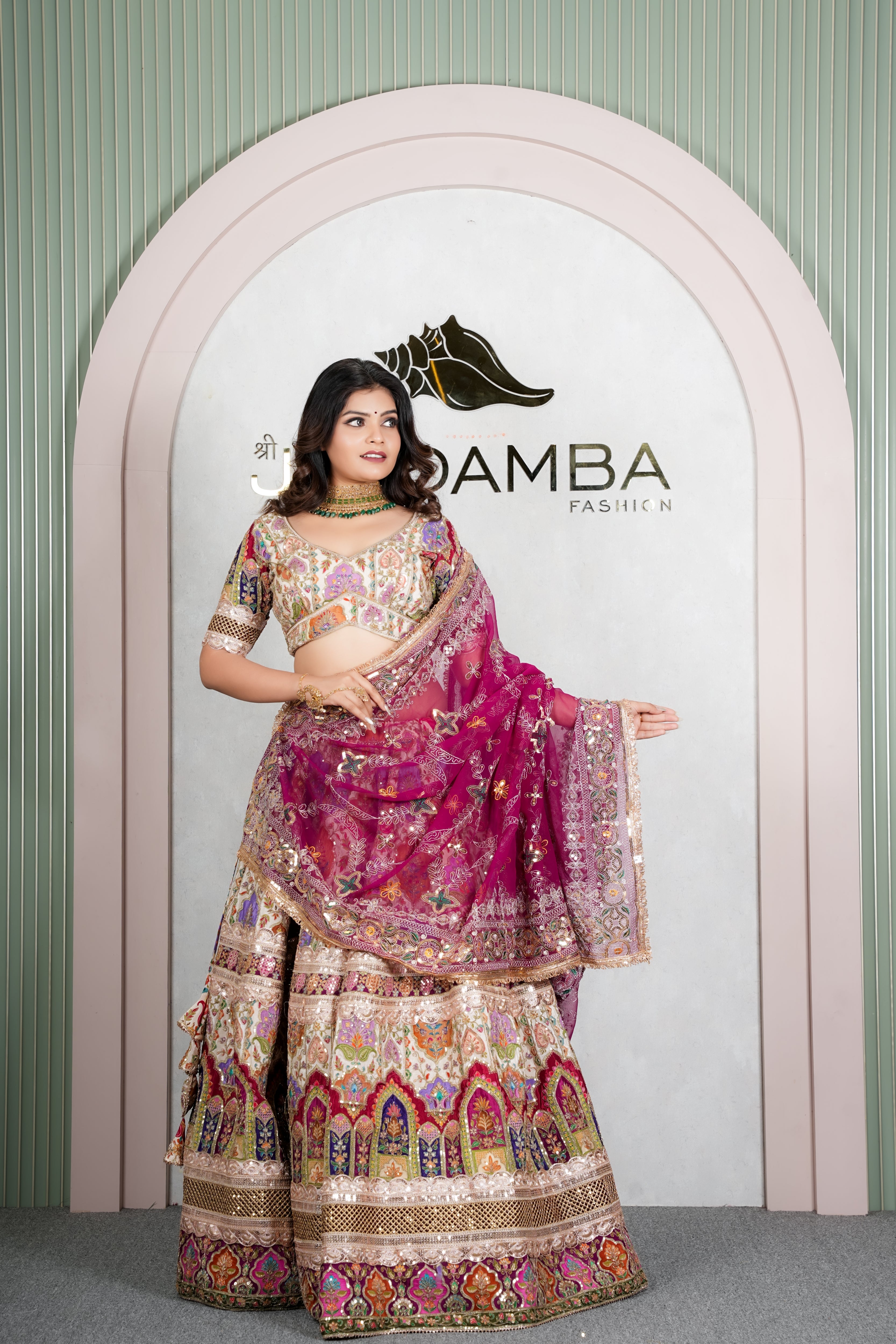 Rajasthani Ivory Floral Lehenga Odhani with Rani Pink Embroidered Dupatta
