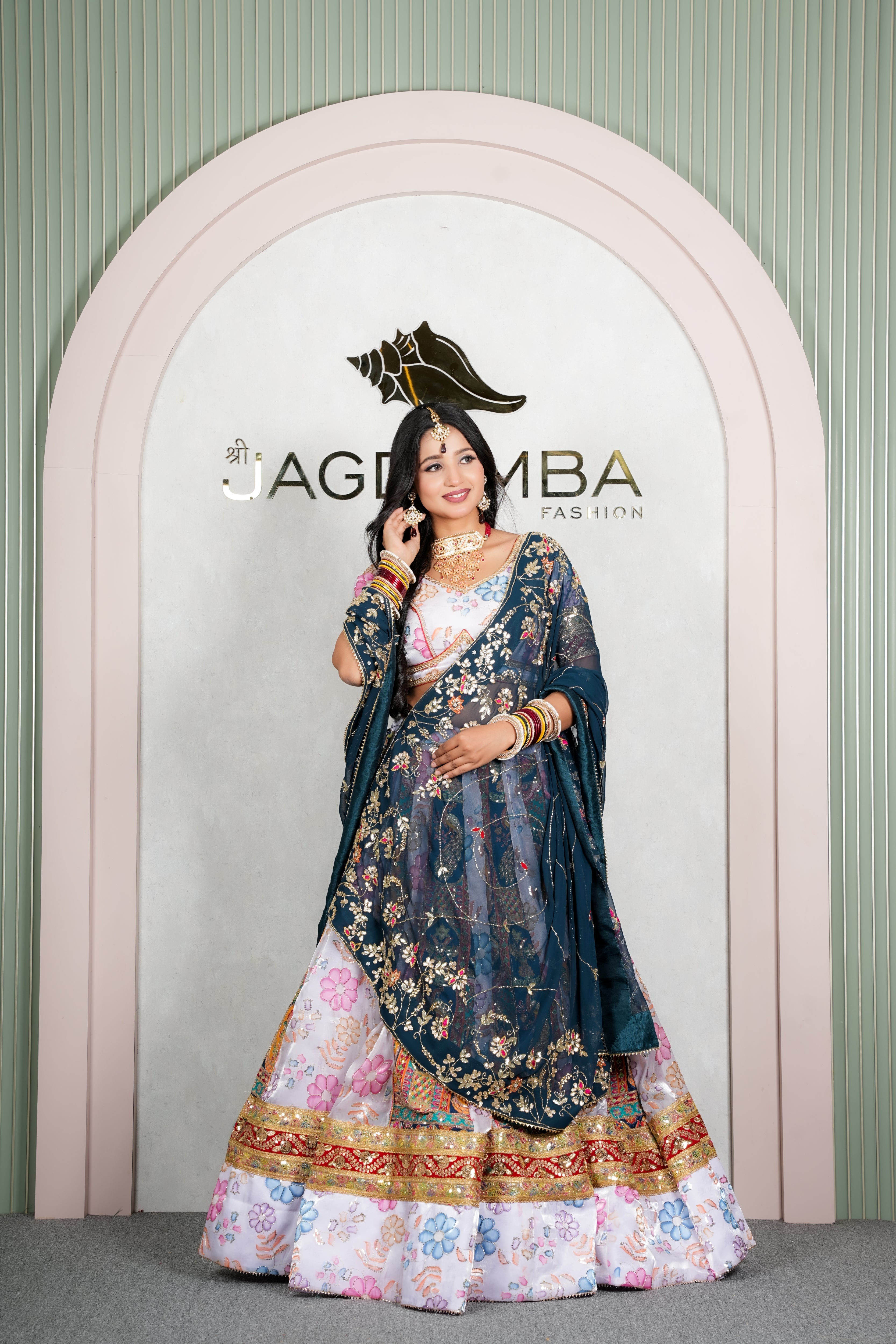 Rajasthani Ivory Floral Lehenga Odhani with Navy Blue Embroidered Dupatta