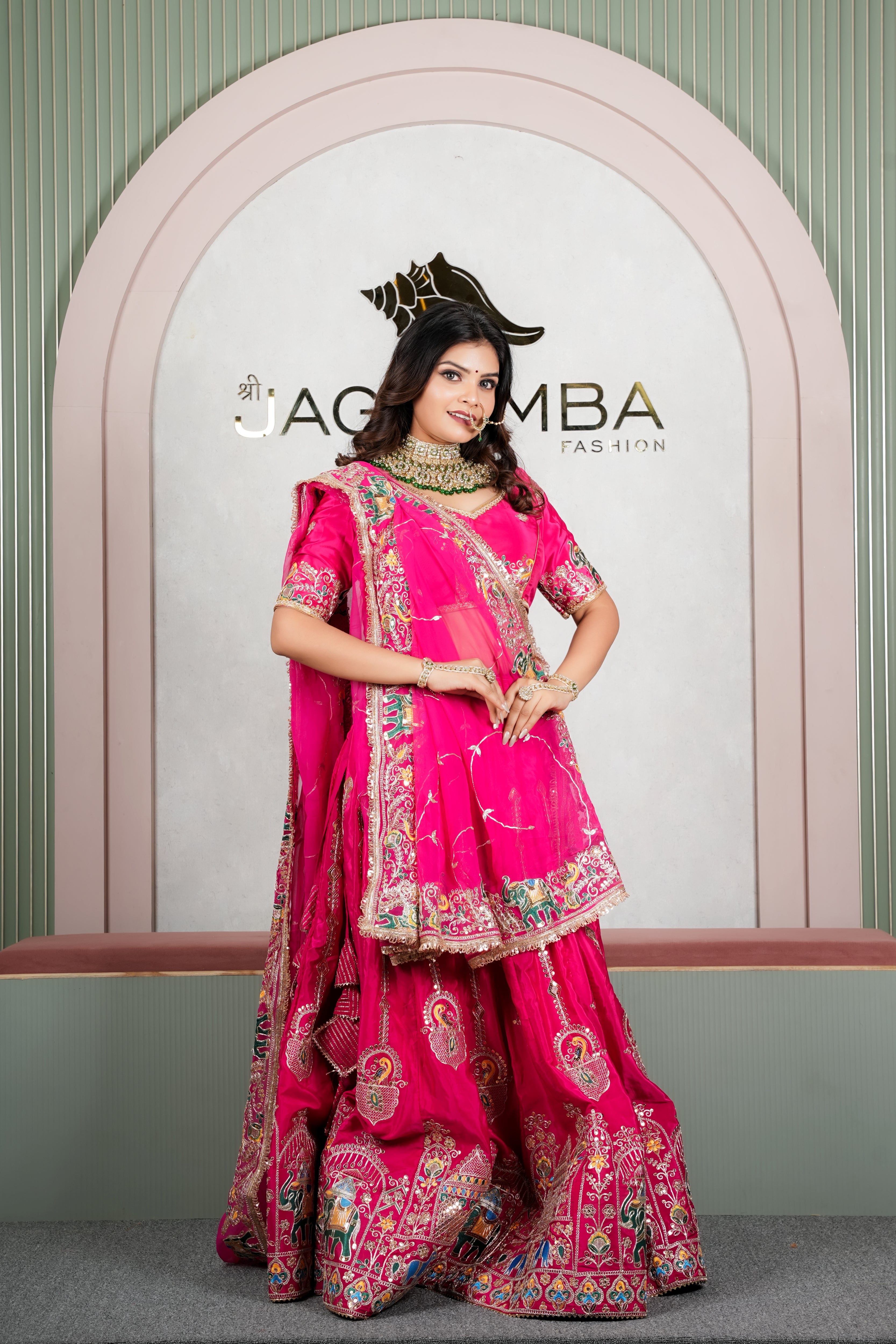 Rajasthani Rani Pink Traditional Lehenga Odhani with Rani Pink Embroidered Dupatta