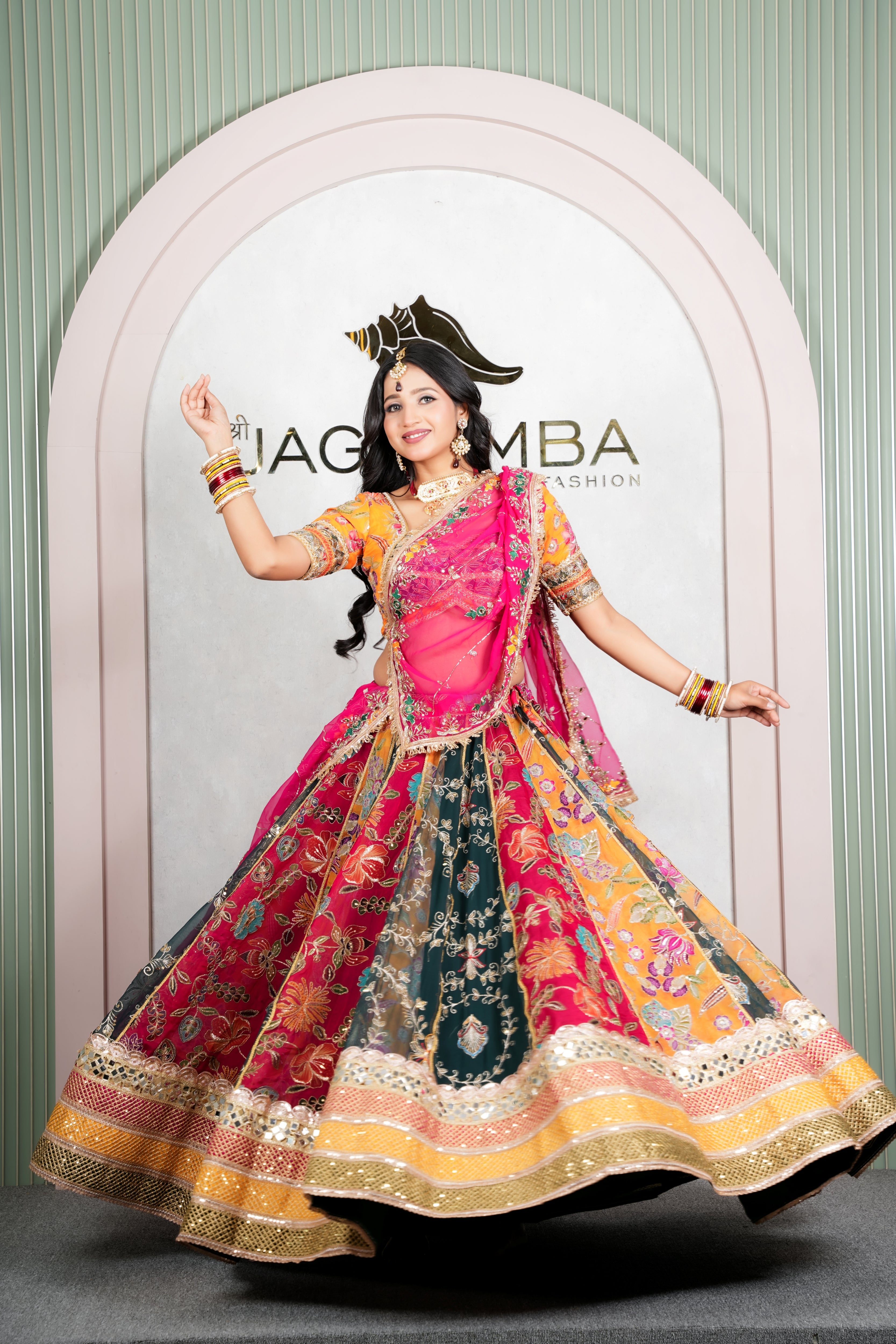 Rajasthani Mustard Floral Lehenga Odhani with Rani Pink Embroidered Dupatta