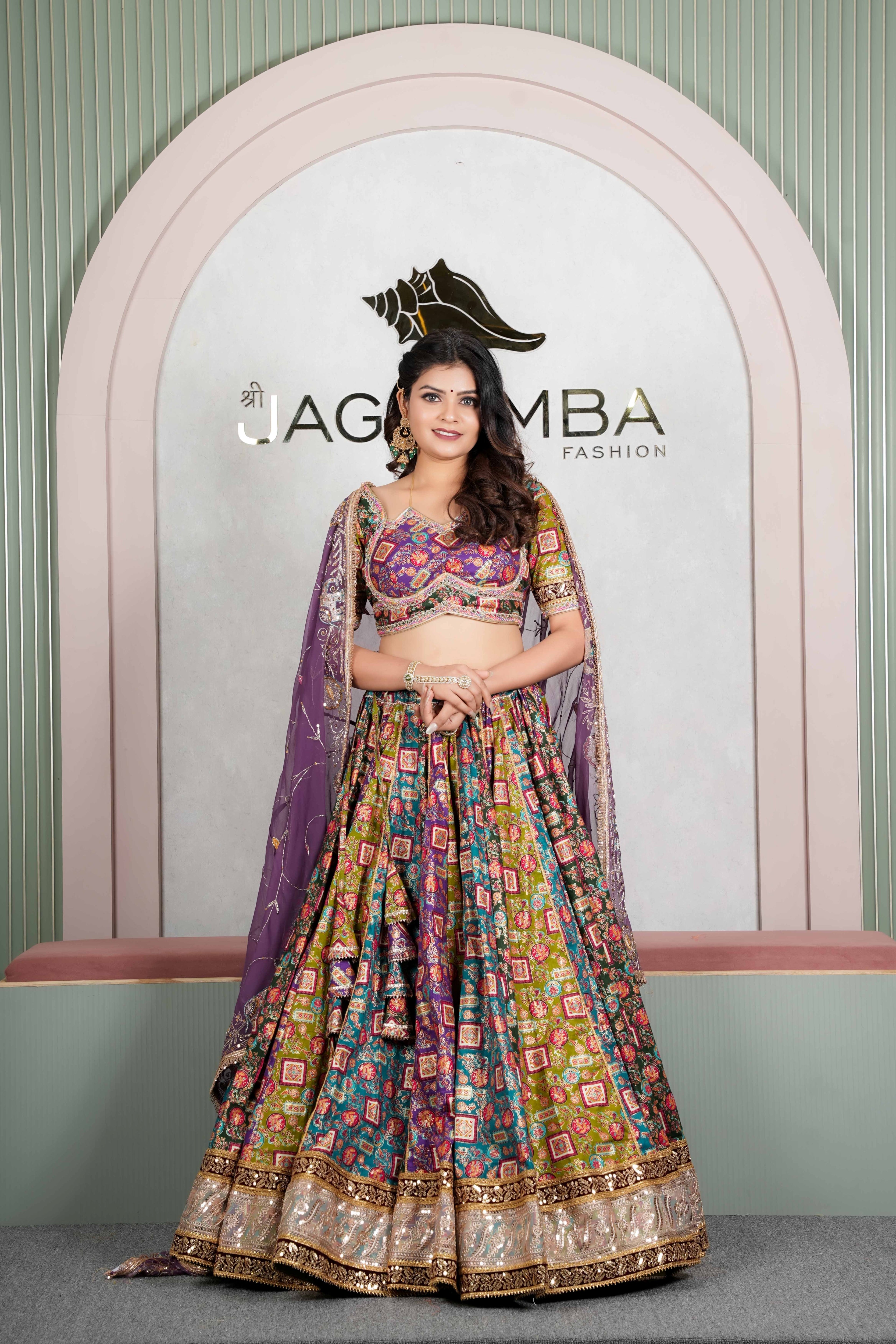 Rajasthani Multicolor Printed Lehenga with Purple Embroidered Dupatta