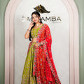 Rajasthani Lime Green Floral Natural Crepe Lehenga with Embroidered Red Odhani