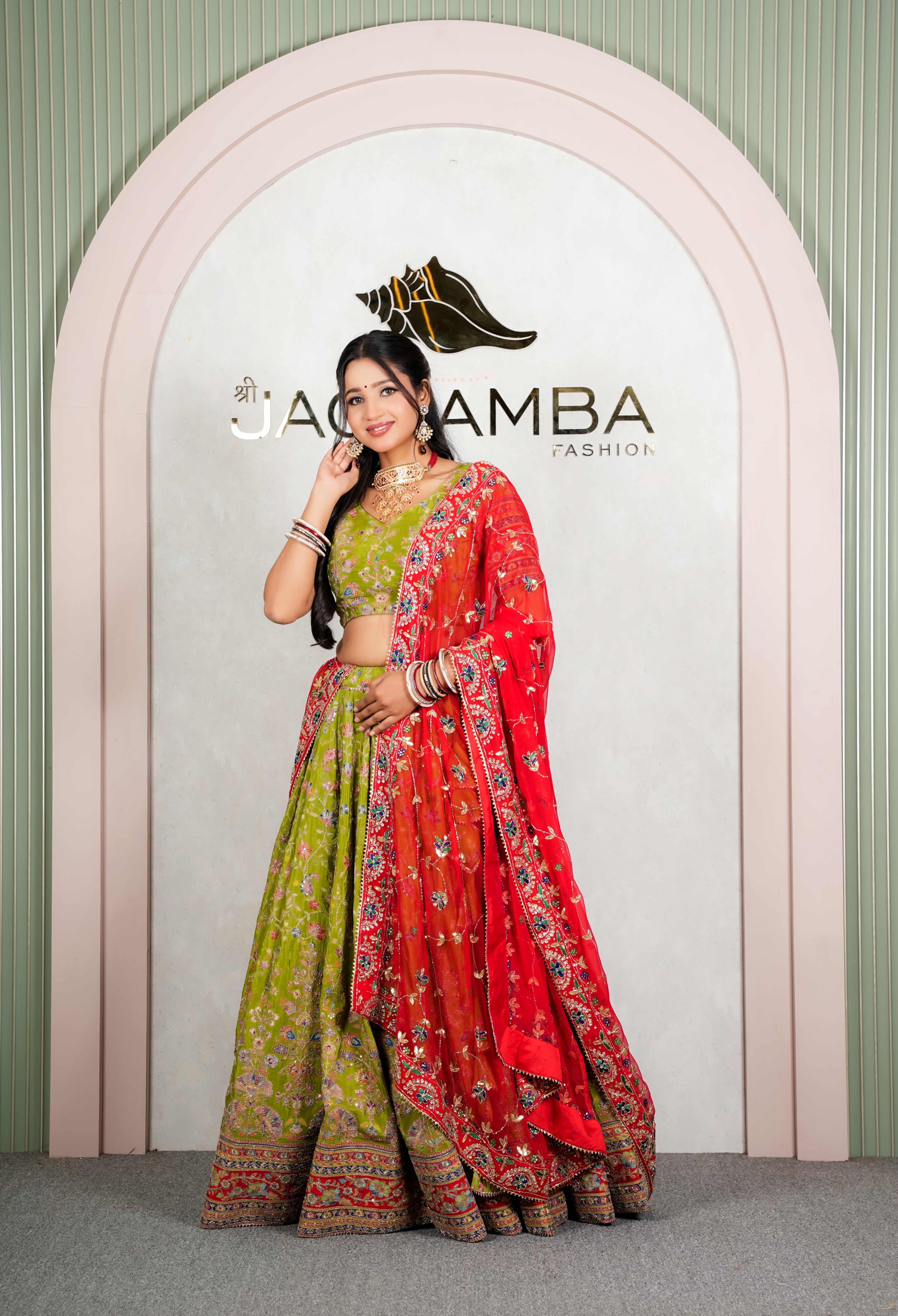 Rajasthani Lime Green Floral Natural Crepe Lehenga with Embroidered Red Odhani