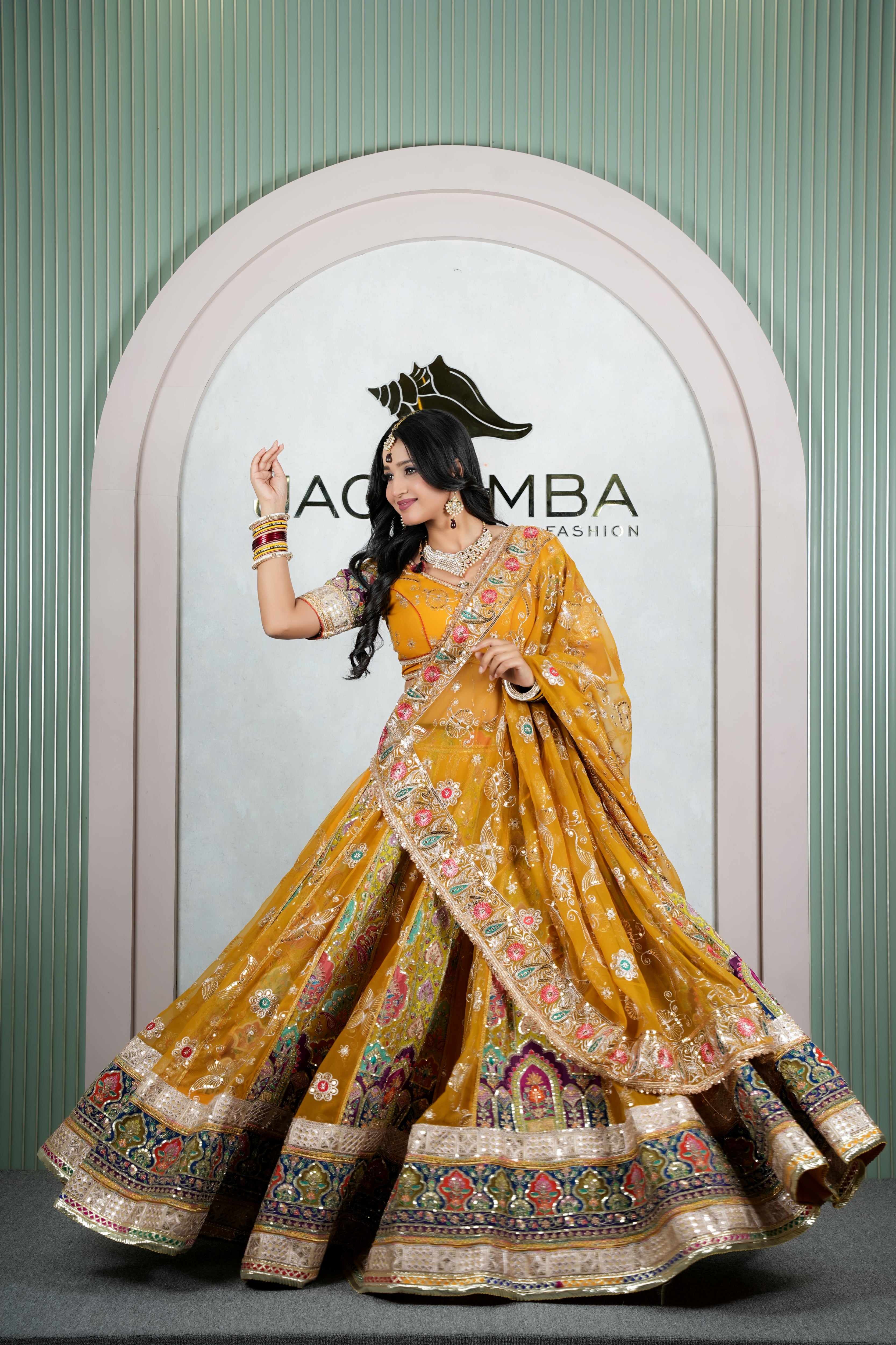 Rajwadi Mustard Yellow Embroidered Lehenga Odhani