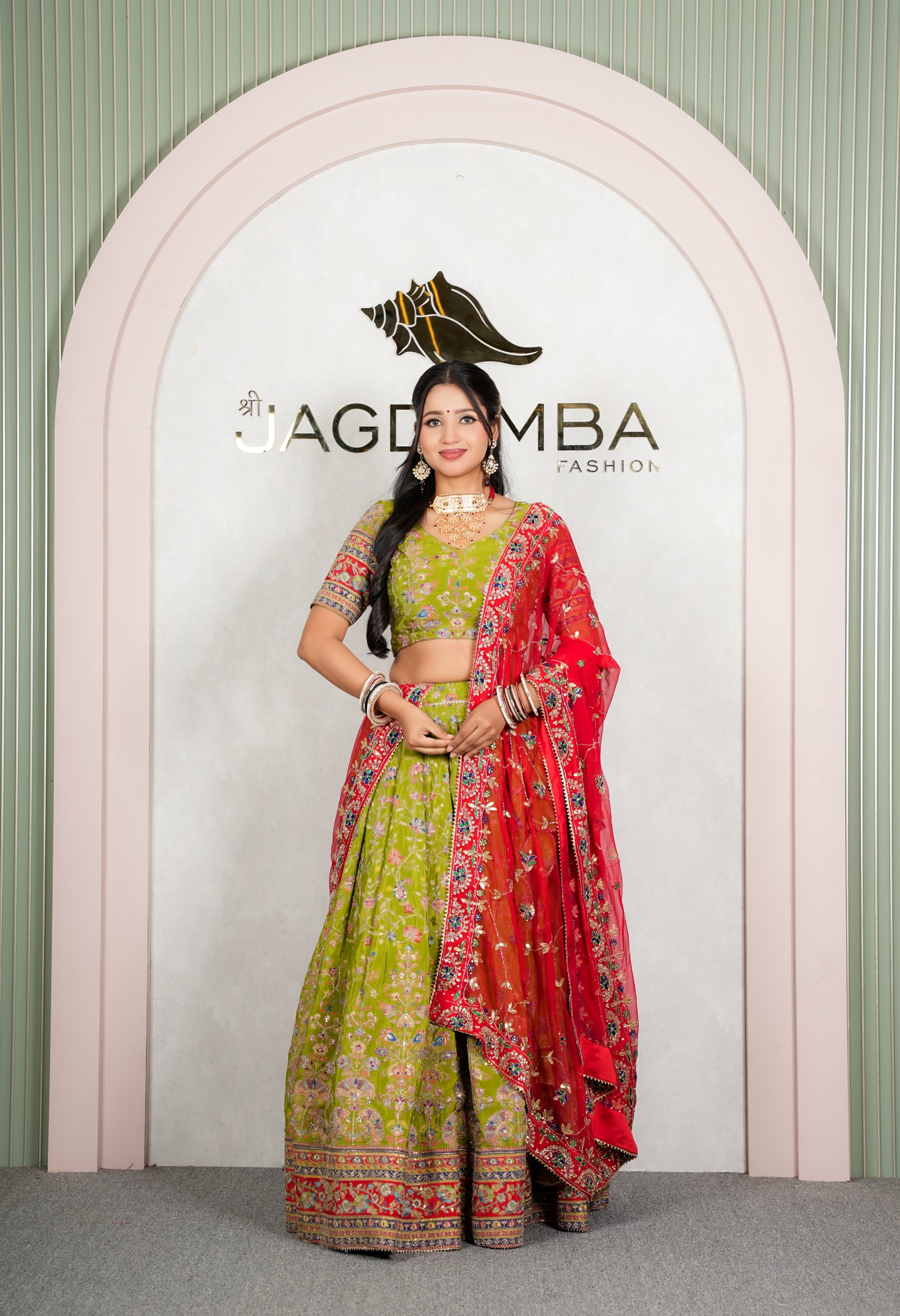 Rajasthani Lime Green Floral Natural Crepe Lehenga with Embroidered Red Odhani