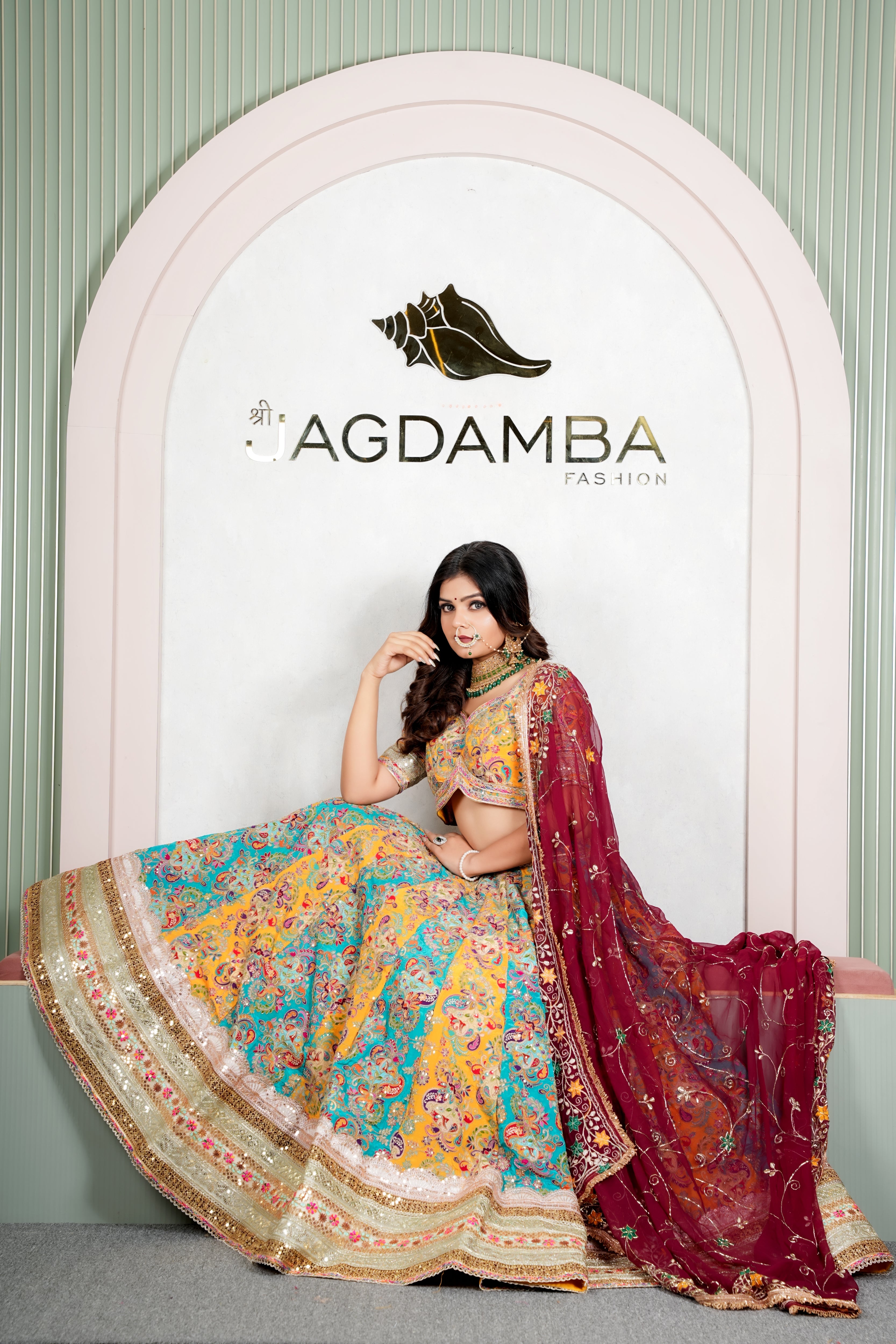 Rajasthani Multicolour Lehenga Odhani with Wine Embroidered Dupatta