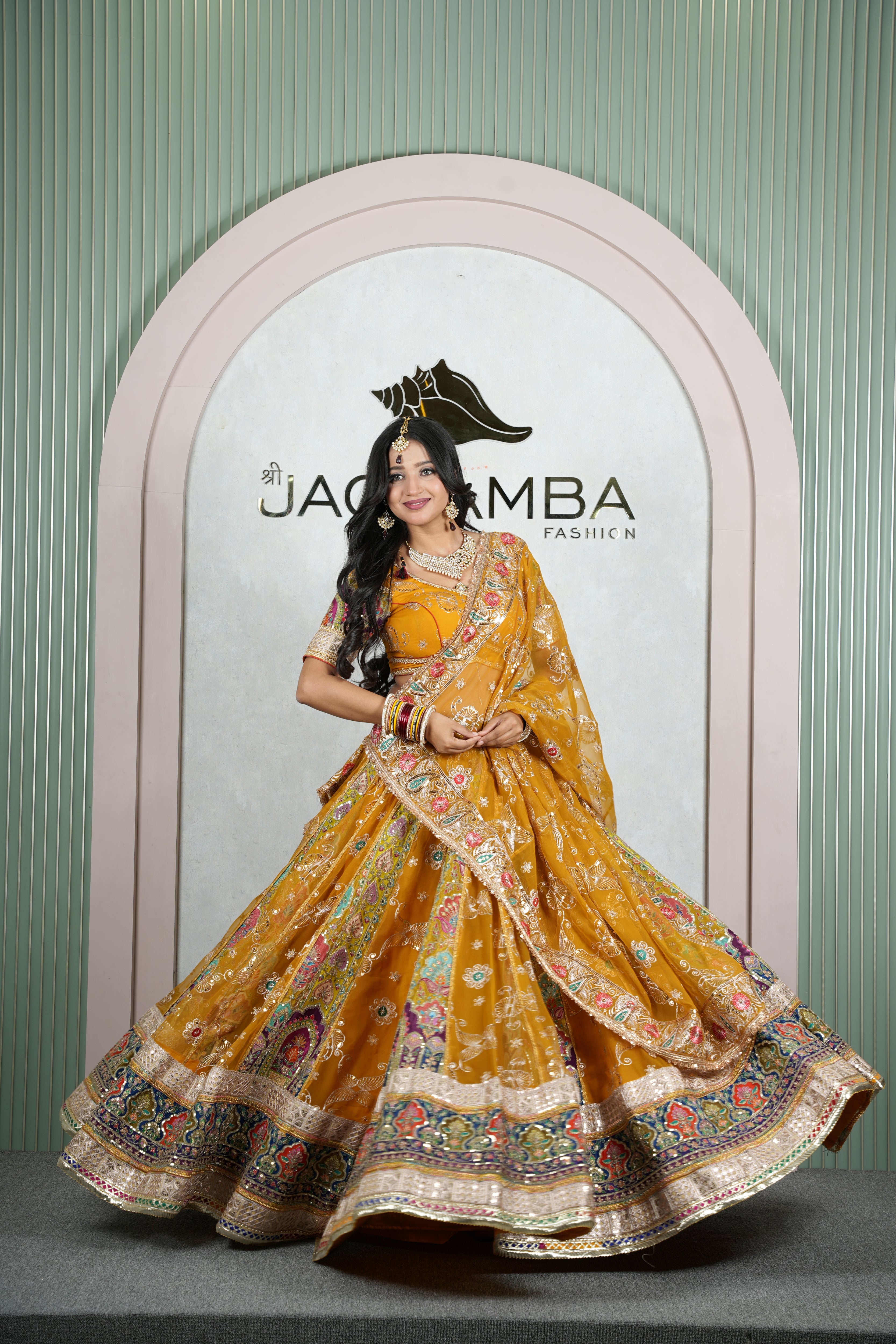 Rajwadi Mustard Yellow Embroidered Lehenga Odhani