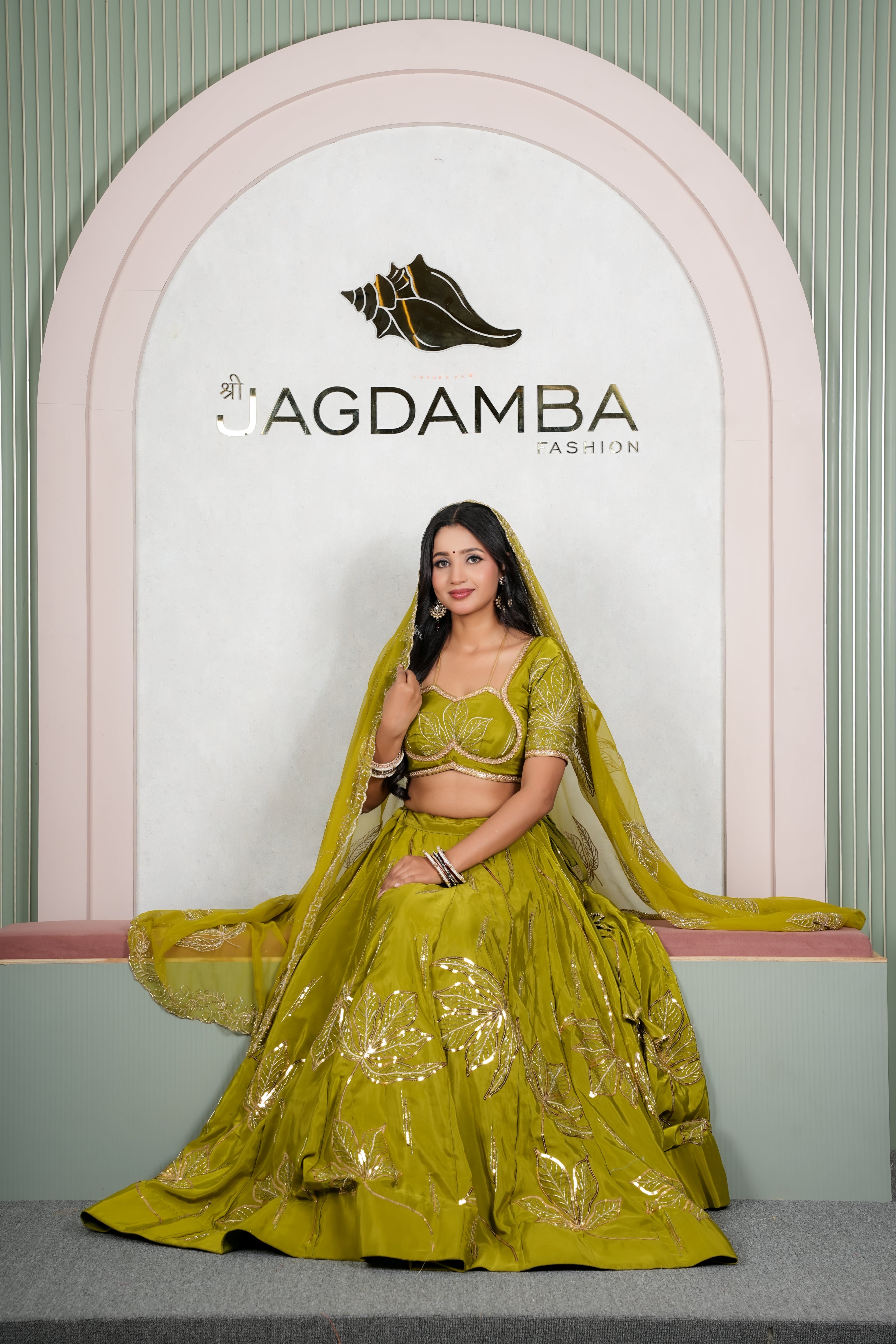 Rajasthani Olive Green Floral Lehenga Odhani with Olive Green Embroidered Dupatta