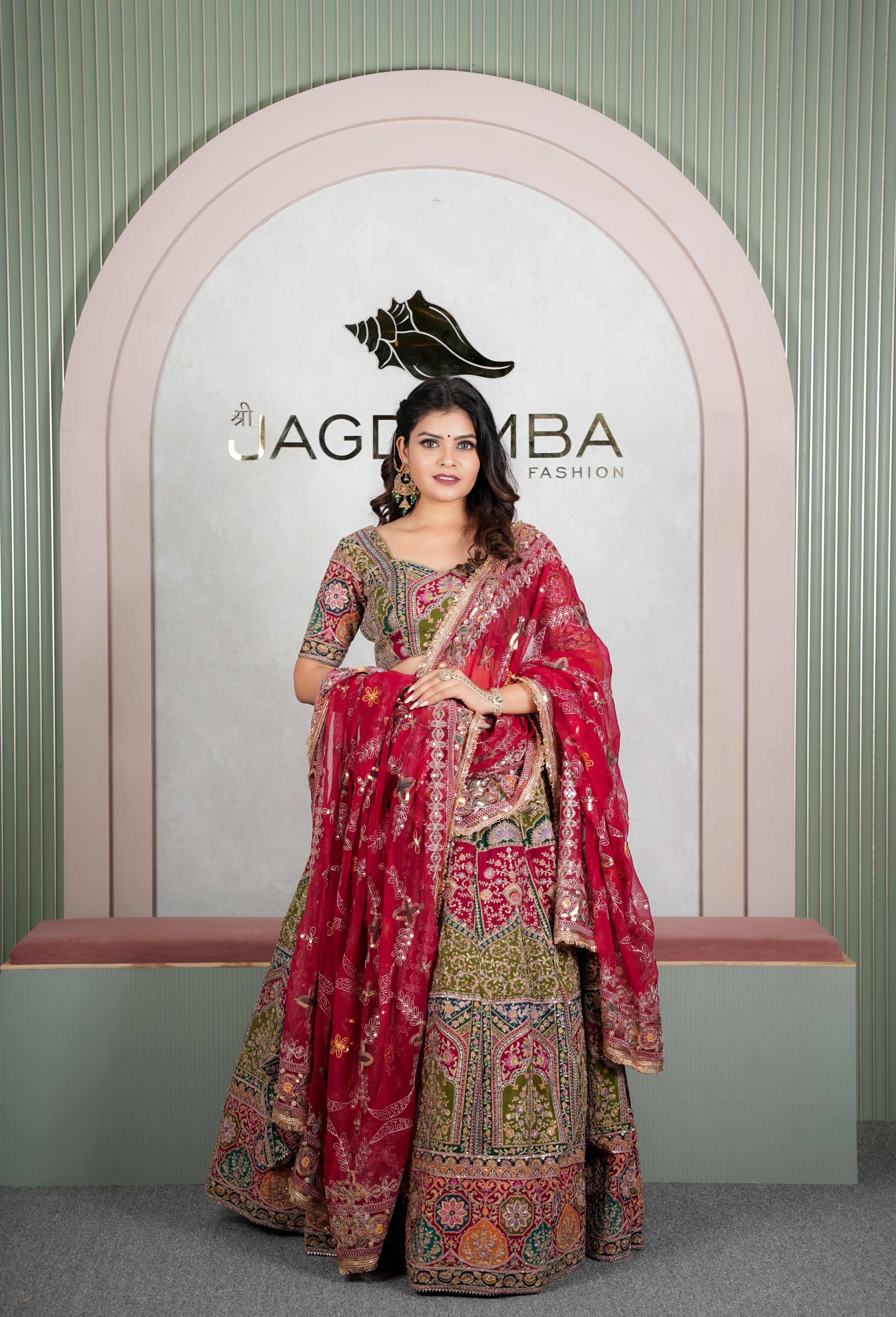 Rajasthani Olive Green Floral Lehenga with Cherry Red Odhani