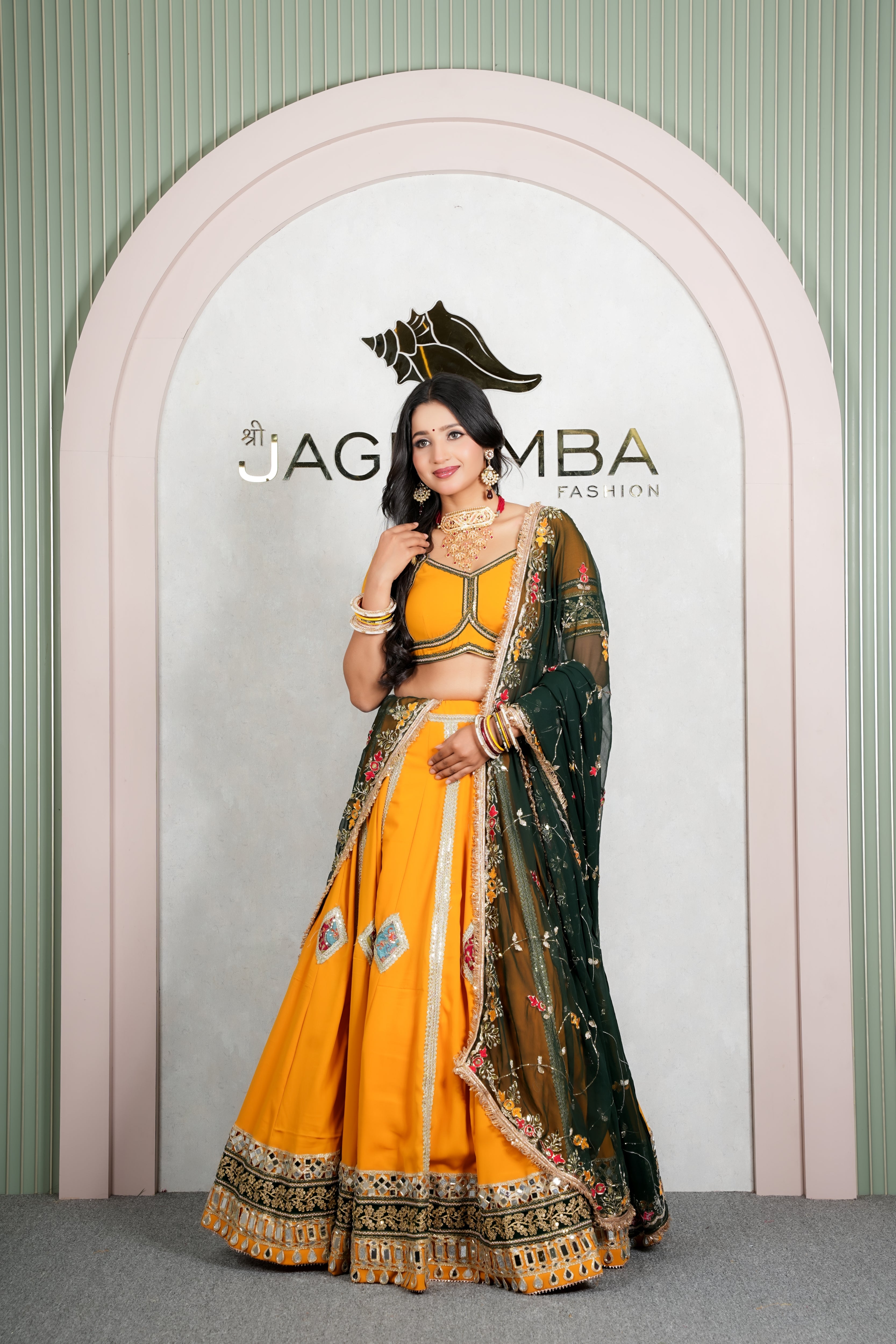 Rajasthani Mustard Mirror Work Lehenga Odhani with Green Embroidered Dupatta