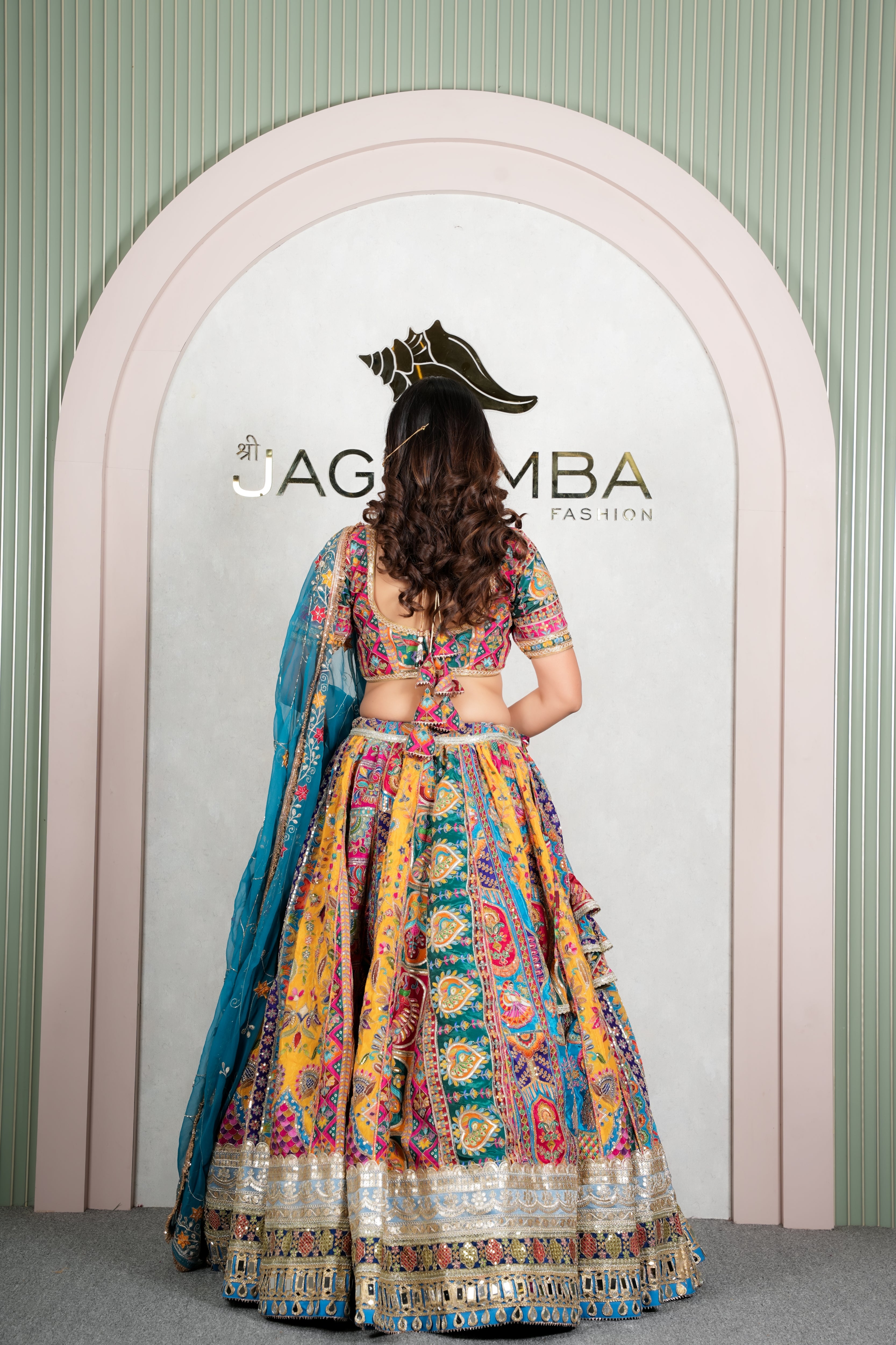 Rajasthani Multicolour Floral Lehenga Odhani with Peacock Blue Embroidered Dupatta