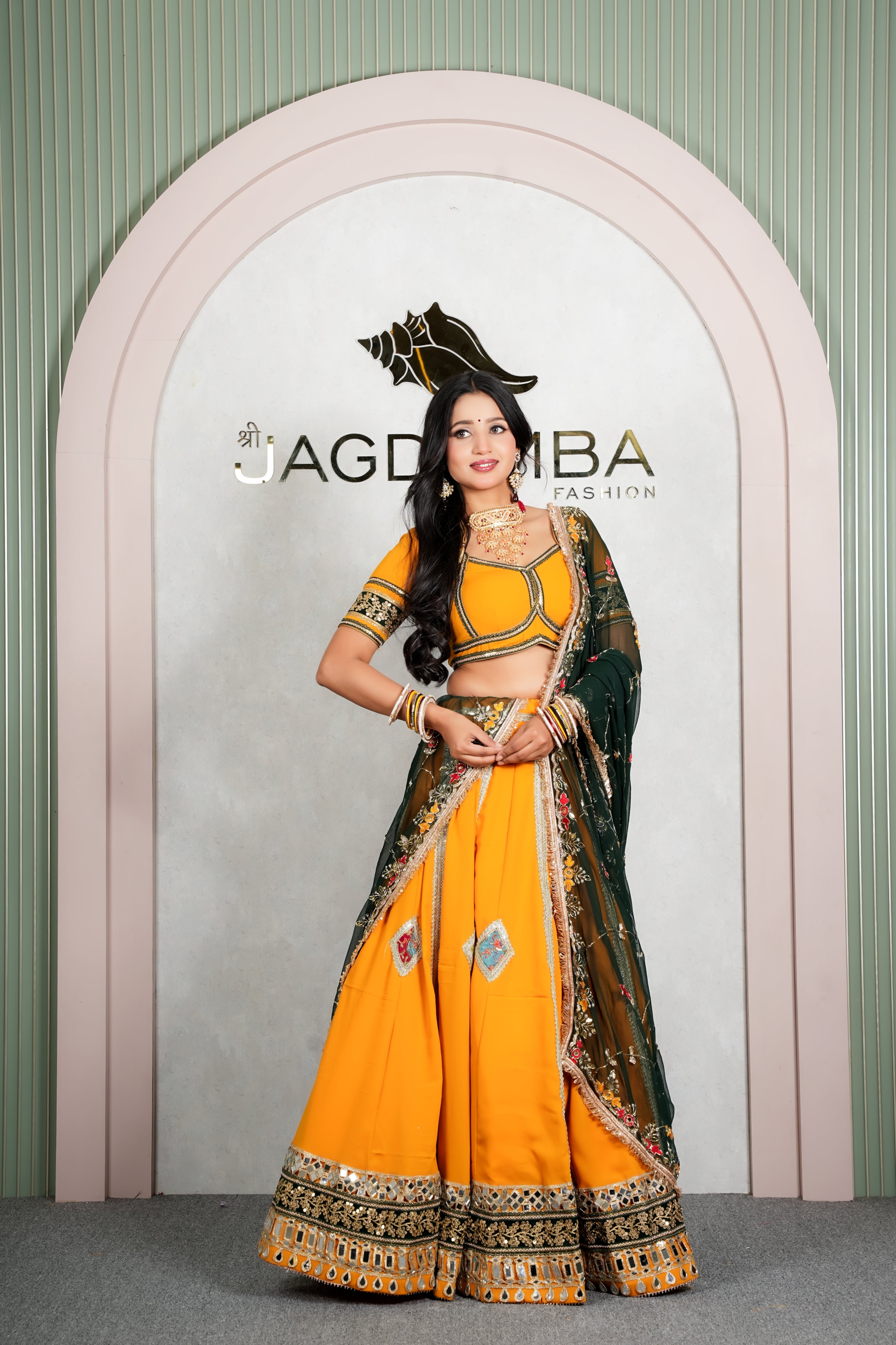 Rajasthani Mustard Mirror Work Lehenga Odhani with Green Embroidered Dupatta