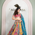 Rajasthani Multicolour Floral Lehenga Odhani with Peacock Blue Embroidered Dupatta