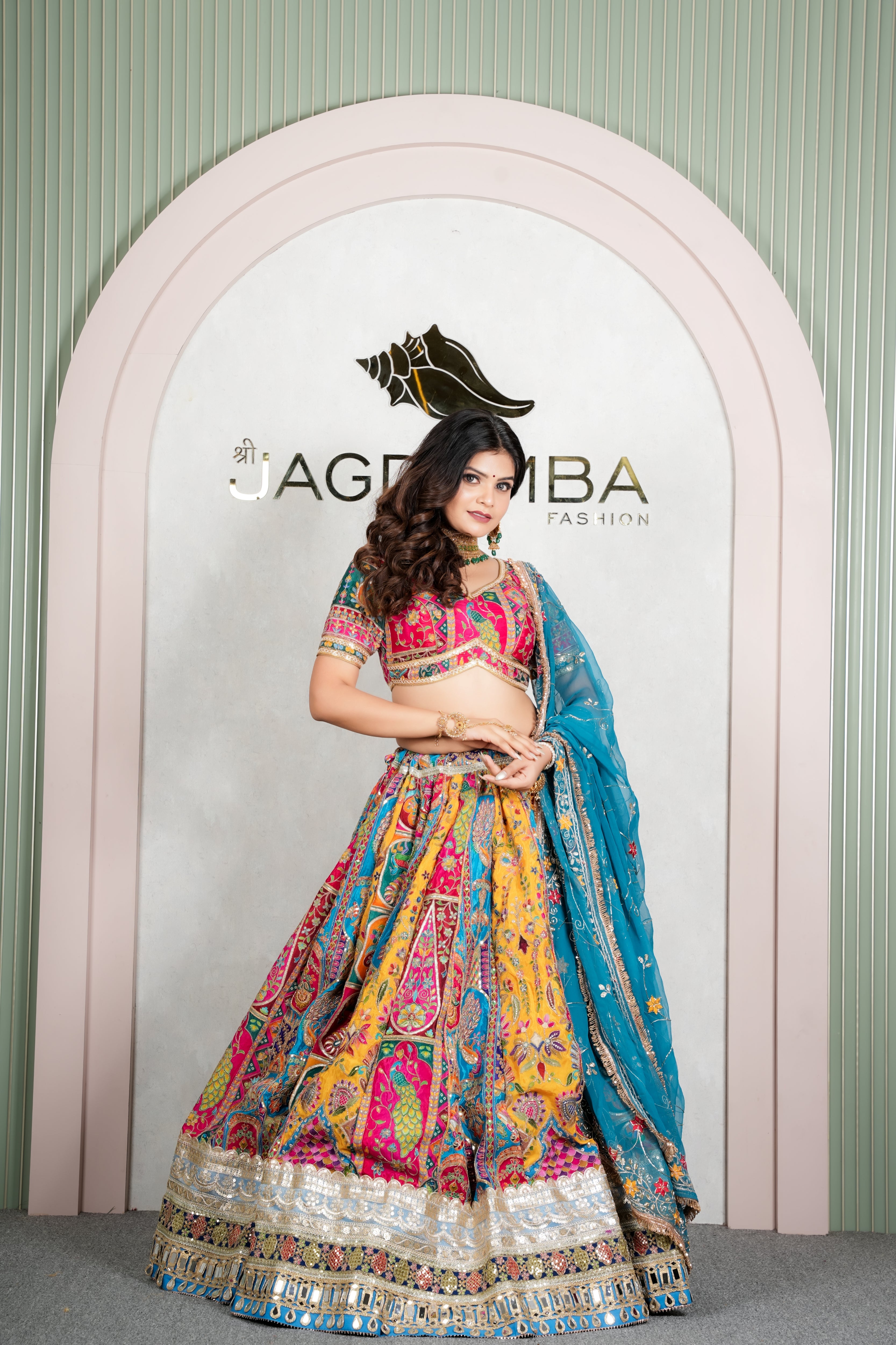 Rajasthani Multicolour Floral Lehenga Odhani with Peacock Blue Embroidered Dupatta