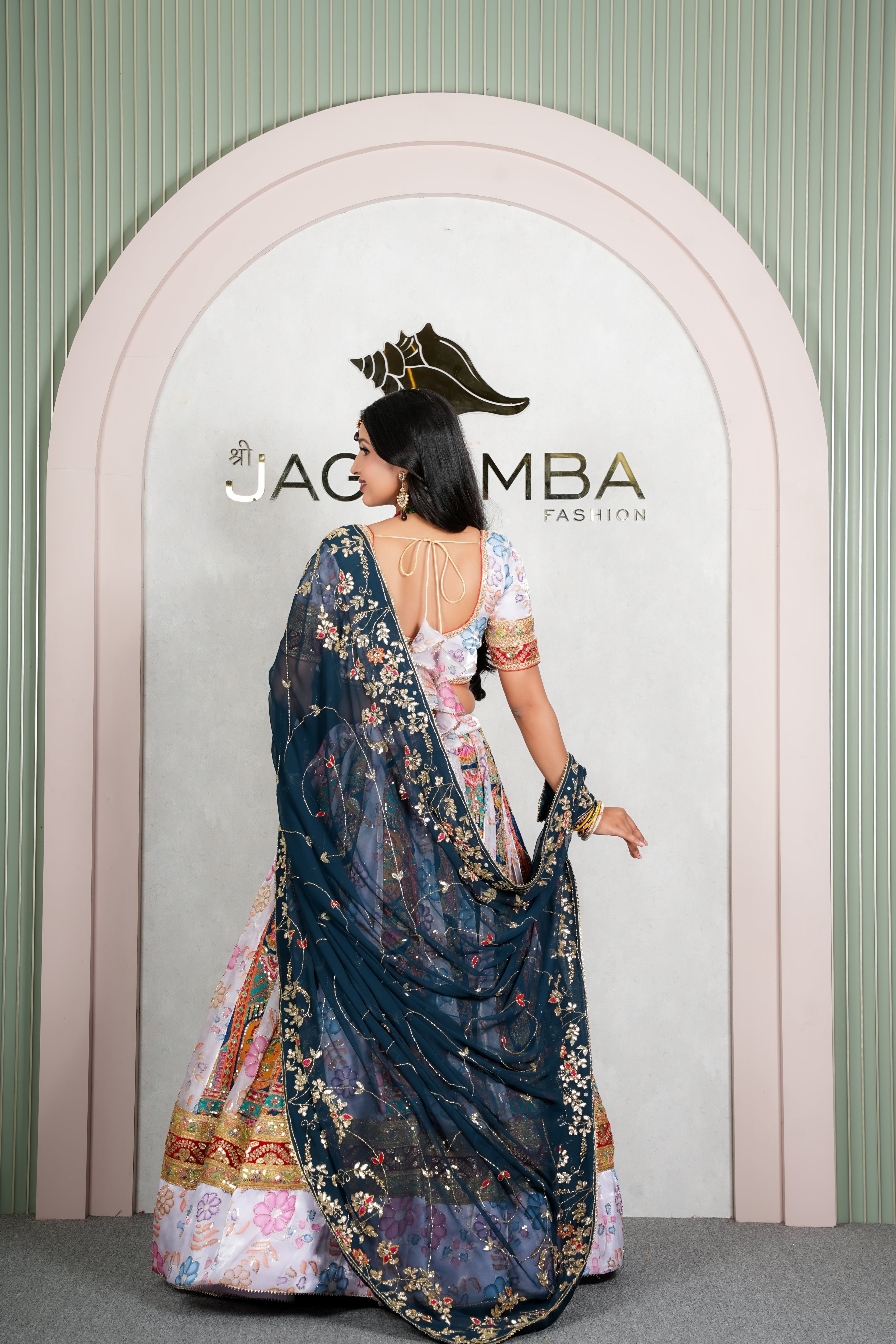Rajasthani Ivory Floral Lehenga Odhani with Navy Blue Embroidered Dupatta