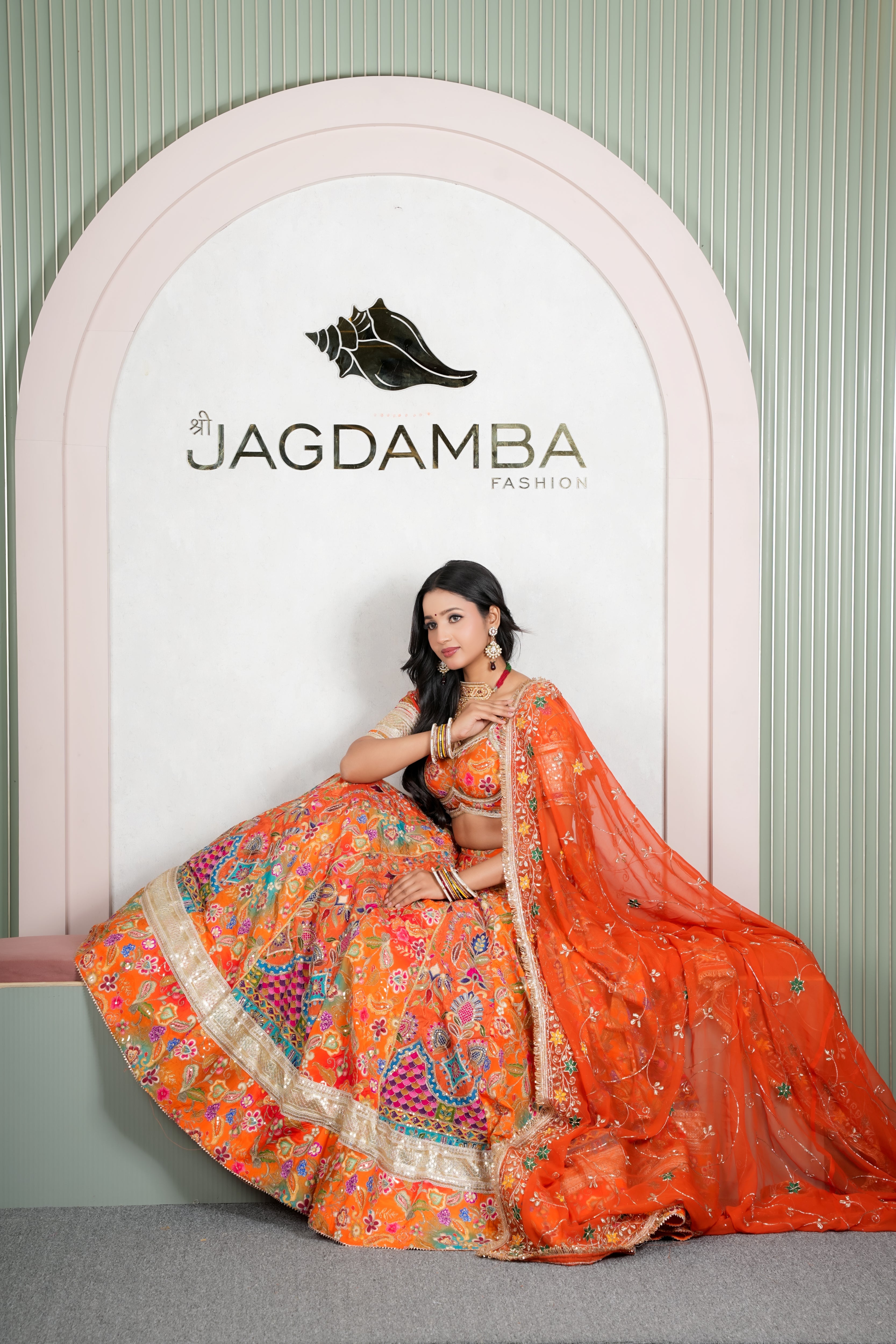 Rajasthani Orange Floral Lehenga Odhani with Orange Embroidered Dupatta