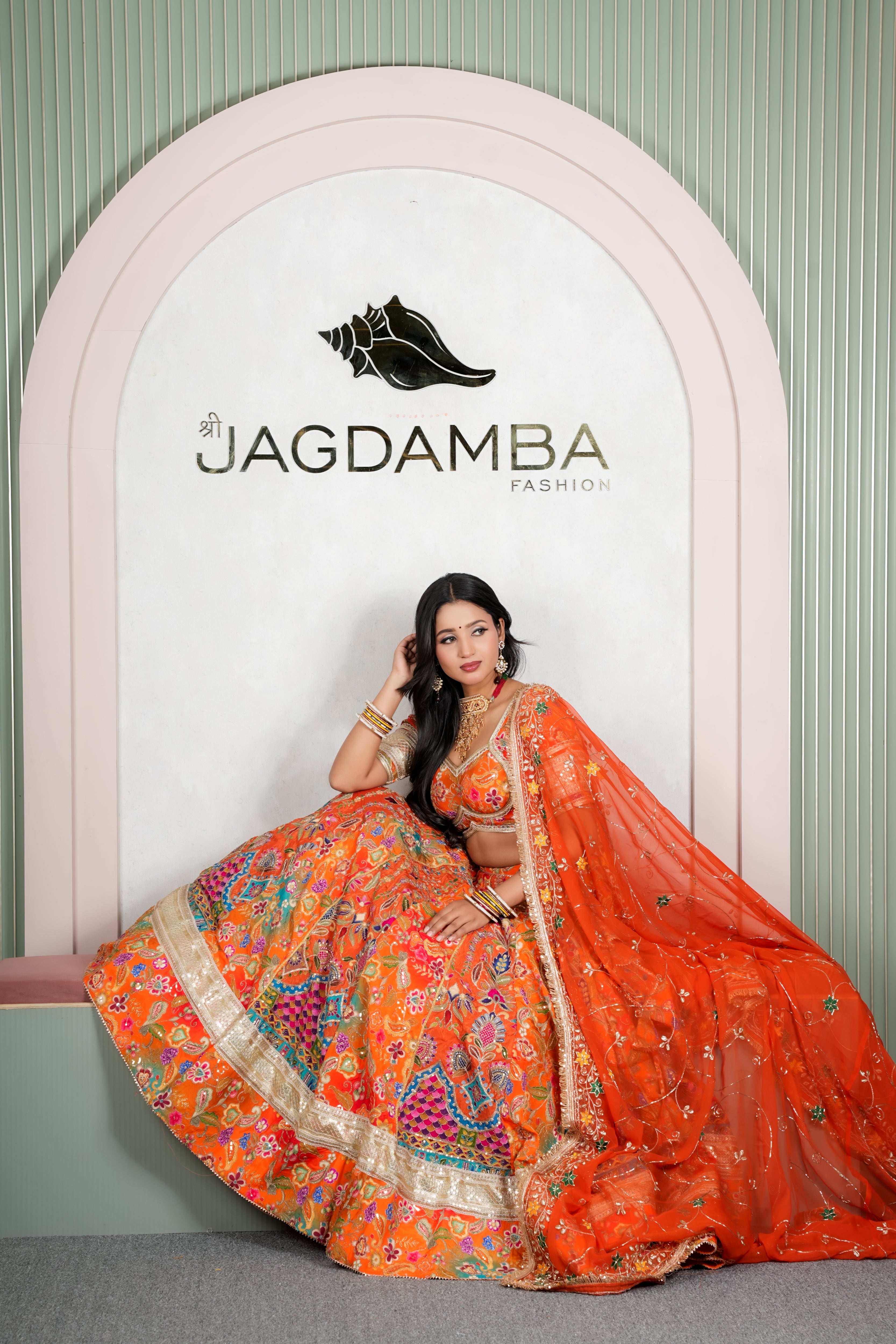 Rajasthani Orange Floral Lehenga Odhani with Orange Embroidered Dupatta